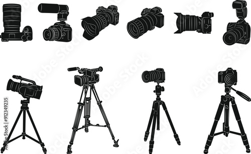 set of photo cameras, video cameras silhouette on white background, vector