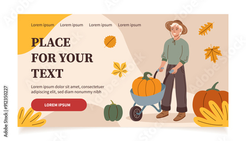 Harvest festival banner. Happy harvest poster. Autumn, harvest and Thanksgiving concept. Man with cart with pumpkin.