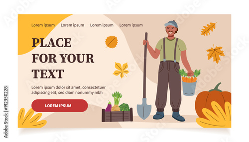 Harvest festival banner. Happy harvest poster. Autumn, harvest and Thanksgiving concept. A farmer with a shovel and a bucket of carrots.