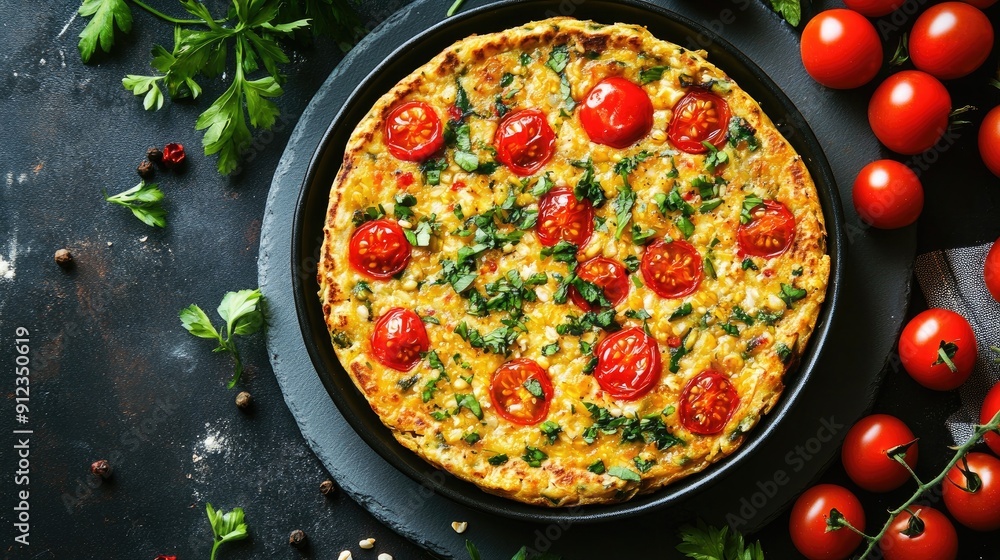 A pizza with tomatoes and herbs sits on a black plate. The plate is surrounded by a variety of vegetables, including tomatoes, parsley, and basil A pizza with tomatoes and herbs sits on a black plate. The plate is surrounded by a variety of vegetables, including tomatoes, parsley, and basil