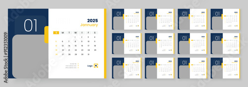 Desk calendar template 2025, new year 2025 table calendar, week starts on sunday.
