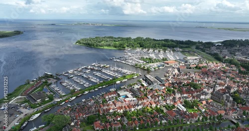 Monnickendam, aerial view, city along the Markermeer in North Holland, The Netherlands. photo