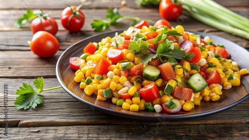 Warm corn salad on a plate, food, salad, corn, fresh, healthy, vegetables, summer, delicious, grilled, colorful, tasty