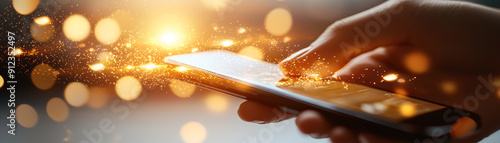 Illuminated smartphone interaction, a hand swipes across the screen amidst a cascade of sparkling particles, representing the fusion of technology and magic.