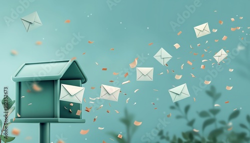 A solitary illustration of a postbox with letters floating over it and vacant spaces within appears on a pale blue backdrop, Generative AI.