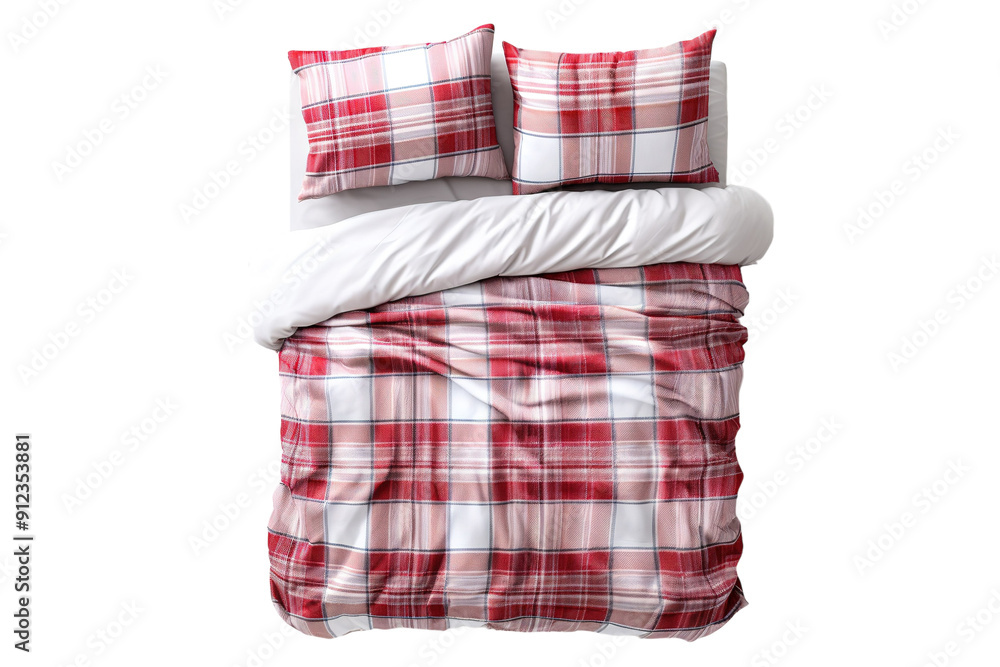 A Red And White Plaid Bedding Set Creates A Cozy And Inviting Bedroom on a White or Clear Surface PNG Transparent Background A Red And White Plaid Bedding Set Creates A Cozy And Inviting Bedroom on a White or Clear Surface PNG Transparent Background