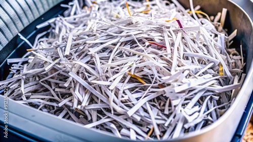 Description Close up of shredded documents in an office shredder, Confidential, Paper shredder photo