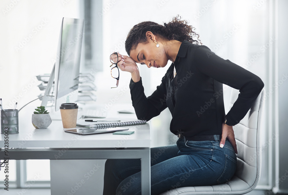 Business, back pain and woman at desk, burnout and stress with deadline, muscle tension and pressure. Person, employee or consultant with medical emergency, ergonomic injury, office or health problem Business, back pain and woman at desk, burnout and stress with deadline, muscle tension and pressure. Person, employee or consultant with medical emergency, ergonomic injury, office or health problem
