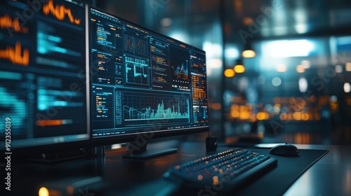 A modern multi-screen setup displaying financial data analysis, charts, and graphs in a dimly lit workspace, emphasizing technology and analytics.