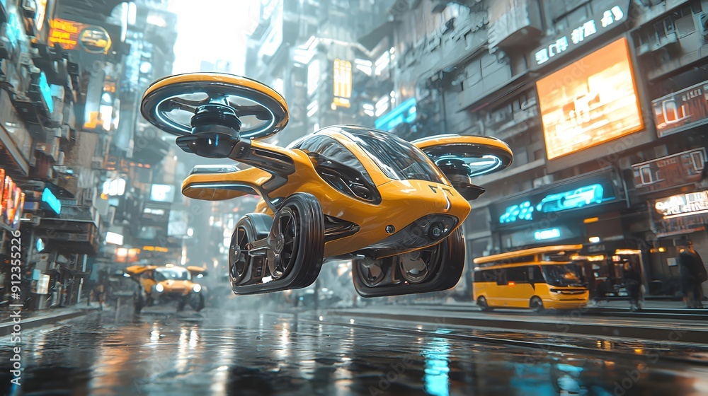 Flying Car In Cityscape. Flying Car In Cityscape.