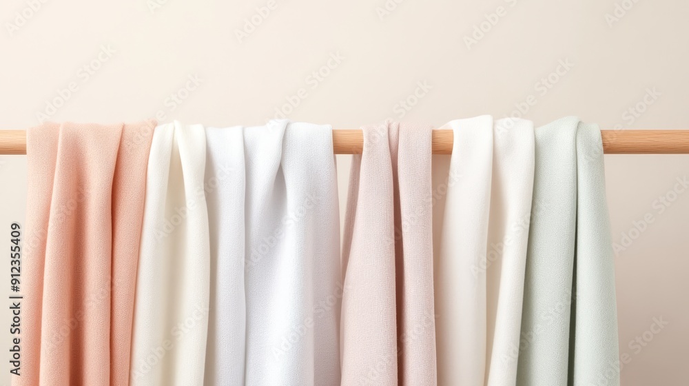 Fototapeta premium A collection of soft Supima cotton fabrics in pastel colors, elegantly draped over a wooden frame, emphasizing their luxurious texture