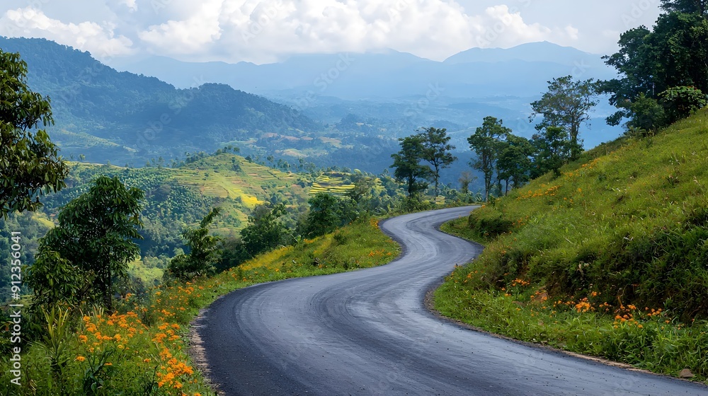 Winding Road Through Lush Green Mountains. Winding Road Through Lush Green Mountains.
