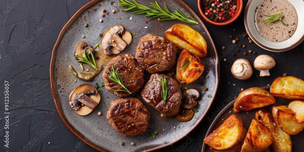 Top view of gourmet beef medallions with mushroom sauce served with fried potato wedges Top view of gourmet beef medallions with mushroom sauce served with fried potato wedges