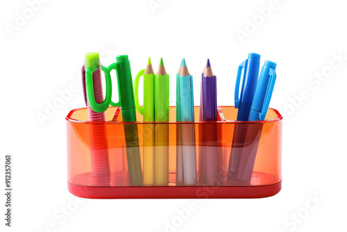 A Colorful Array of Writing Tools in a Red Plastic Organizer on a White or Clear Surface PNG Transparent Background