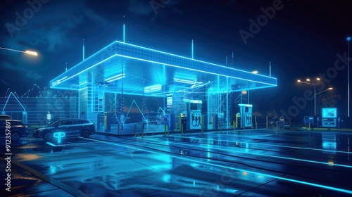 Security with AI smart surveillance at modern EV gas station charger and compound, blue highlighted Ai Security, AI generated for Ads