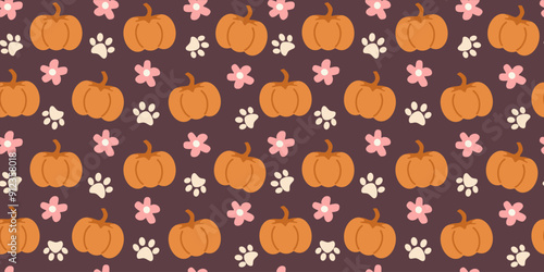 cute hand drawn seamless vector pattern illustration for thanksgiving holiday with pumpkins, pink daisy flowers and white paw prints on purple background