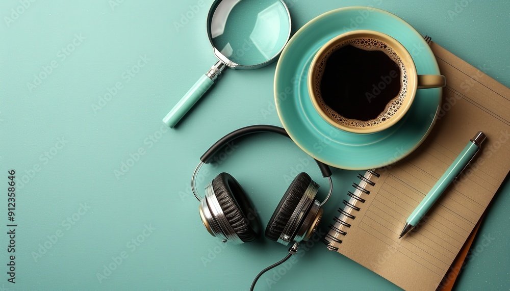 Top perspective of wireless headsets including book, cup of black coffee and magnifying lens laid on pale blue backdrop with text space, Generative AI. Top perspective of wireless headsets including book, cup of black coffee and magnifying lens laid on pale blue backdrop with text space, Generative AI.