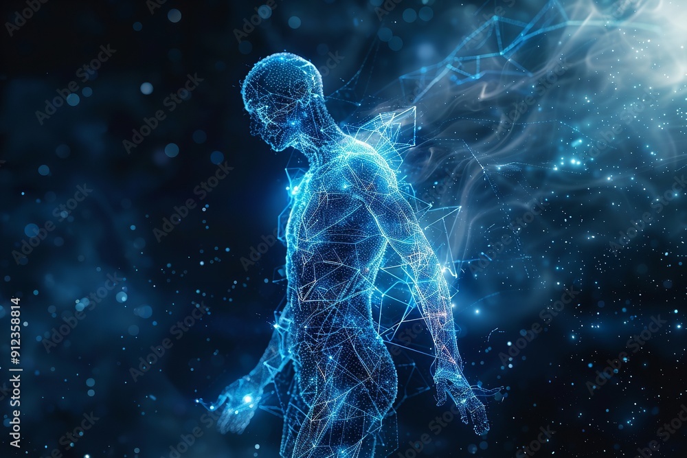Blue and black illumination and reflecting particles and a fictional human-shaped holographic image with a healthy technical ideas, Generative AI. Blue and black illumination and reflecting particles and a fictional human-shaped holographic image with a healthy technical ideas, Generative AI.