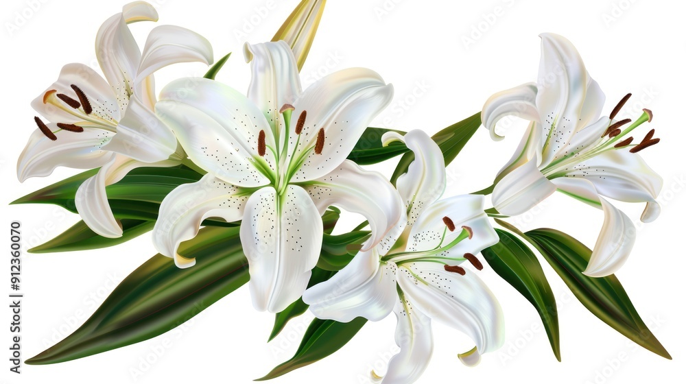 Fototapeta premium Elegant White Lilies with Green Foliage