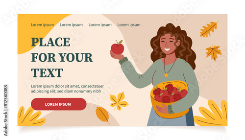 Harvest festival banner. Happy harvest poster. Autumn, harvest and Thanksgiving concept. Woman with basket of apples.