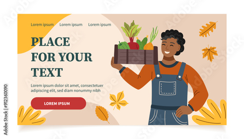 Harvest festival banner. Happy harvest poster. Autumn, harvest and Thanksgiving concept. Man with box of vegetables.