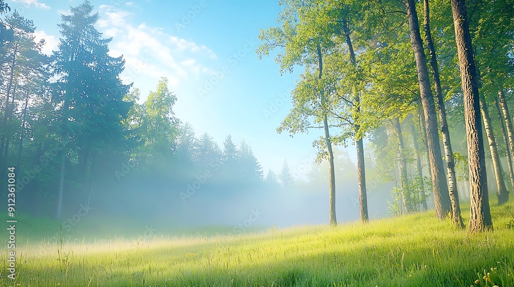 A serene forest landscape with tall trees shrouded in morning mist, showcasing vibrant greenery and a tranquil atmosphere. A serene forest landscape with tall trees shrouded in morning mist, showcasing vibrant greenery and a tranquil atmosphere.