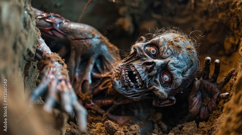 Half-buried zombie clawing out of its grave, Halloween zombie, chilling awakening Half-buried zombie clawing out of its grave, Halloween zombie, chilling awakening