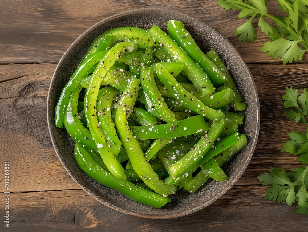 Photo of seasoned cooked and garnished green bell pepper strips on a plate, on a wooden table 4 Photo of seasoned cooked and garnished green bell pepper strips on a plate, on a wooden table 4
