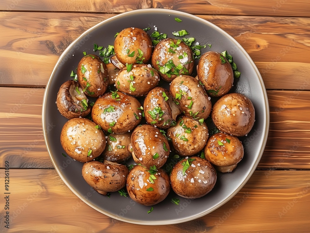 Photo of seasoned cooked and garnished Paris mushrooms on a plate, on a wooden table 3 Photo of seasoned cooked and garnished Paris mushrooms on a plate, on a wooden table 3
