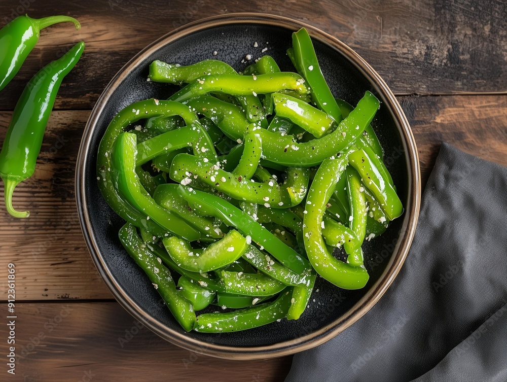 Photo of seasoned cooked and garnished green bell pepper strips on a plate, on a wooden table Photo of seasoned cooked and garnished green bell pepper strips on a plate, on a wooden table