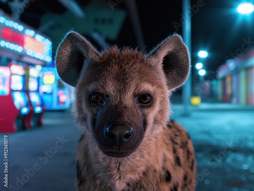 Curious hyena in city at night