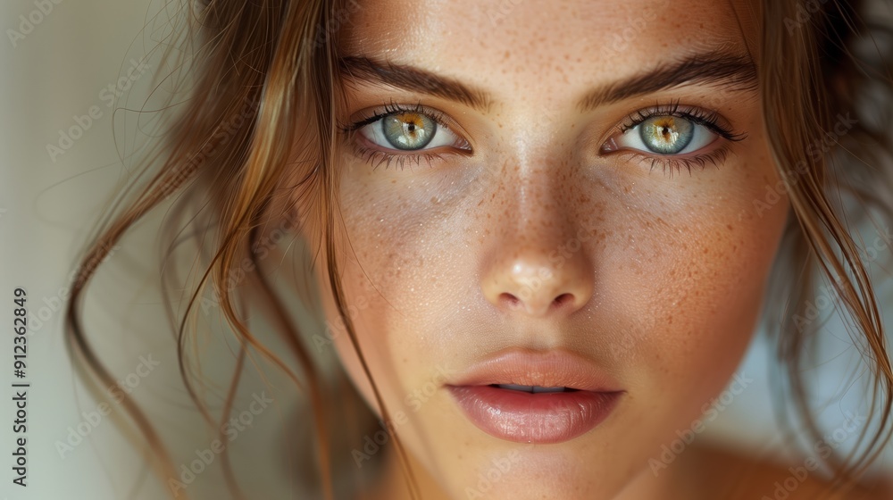Close-Up Portrait of a Young Woman With Striking Green Eyes and Freckles in Natural Light Close-Up Portrait of a Young Woman With Striking Green Eyes and Freckles in Natural Light