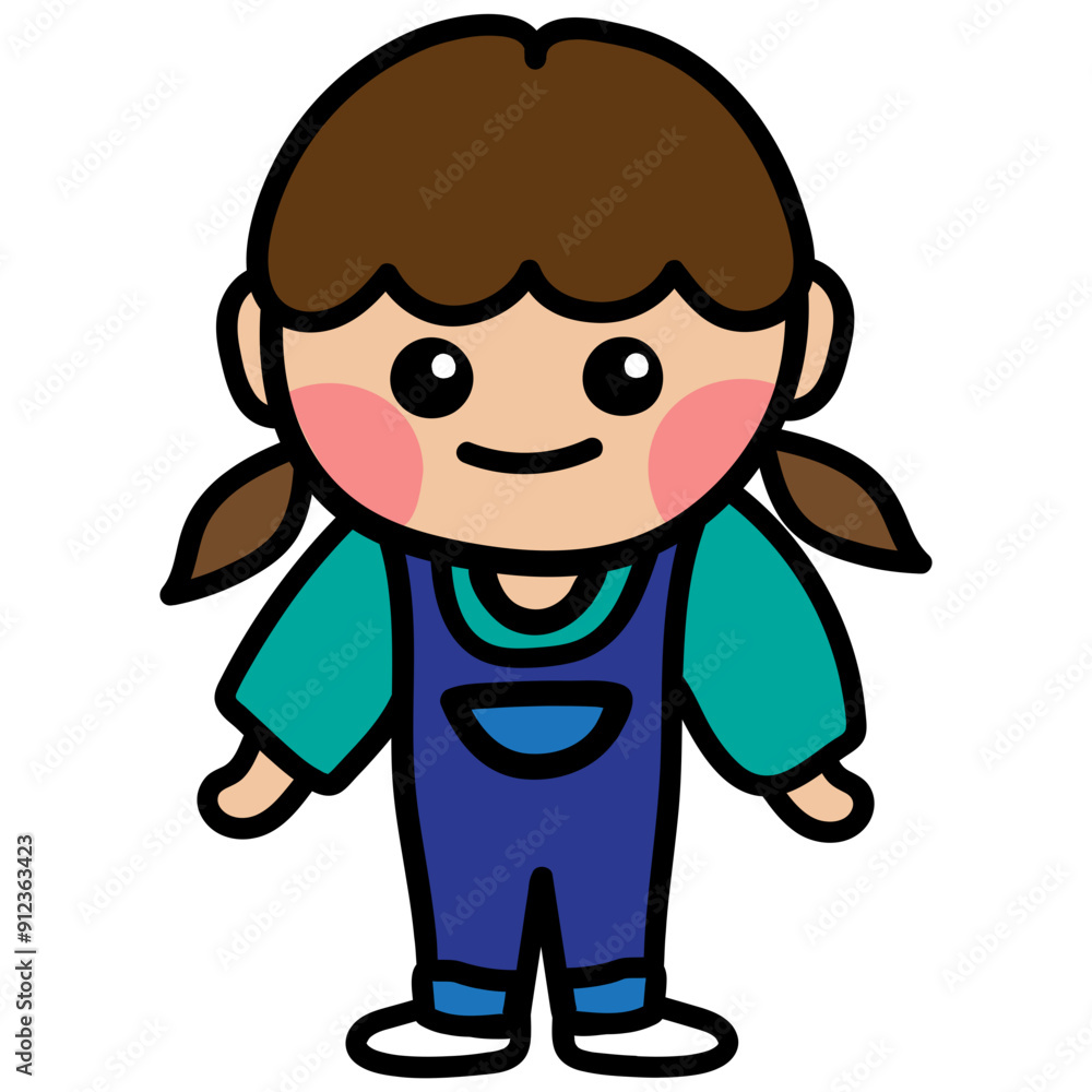 a pigtails girl in overalls Illustration, girl character a pigtails girl in overalls Illustration, girl character