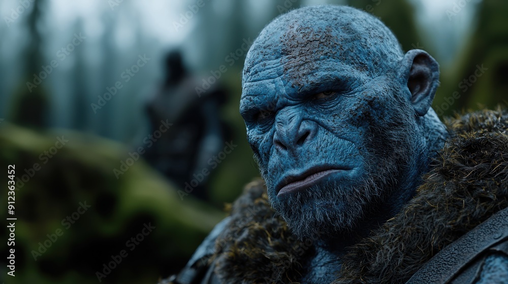 Close-up of a powerful blue alien creature in a forest Close-up of a powerful blue alien creature in a forest