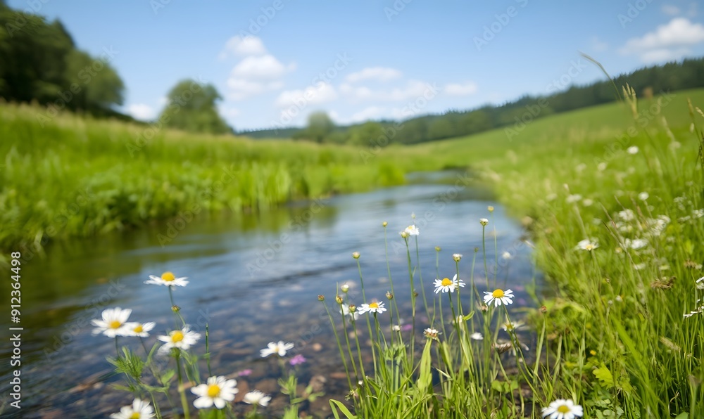 Tranquil Wildflower Meadow with Brook, Generative AI Tranquil Wildflower Meadow with Brook, Generative AI