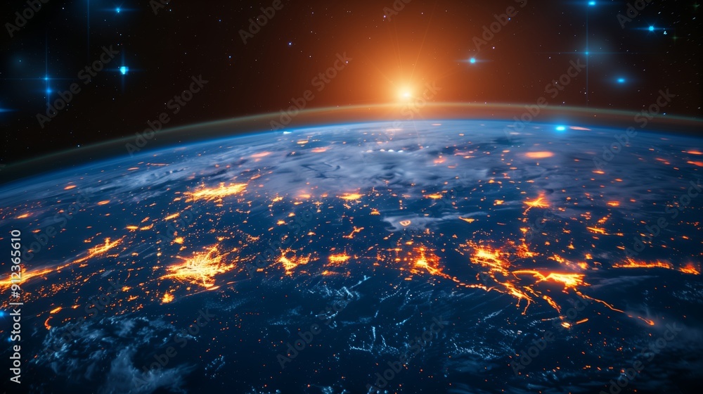 Vibrant Sunrise Over Earth Showcasing City Lights and Atmospheric Details From Orbit Vibrant Sunrise Over Earth Showcasing City Lights and Atmospheric Details From Orbit