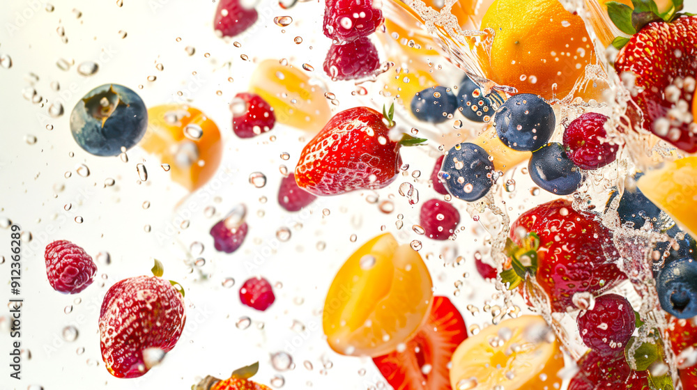 Summer juicy strawberries, raspberries and blueberries, along with pieces of orange and apricot, fall into the water and scatter in different directions. Water droplets are flying in the air Summer juicy strawberries, raspberries and blueberries, along with pieces of orange and apricot, fall into the water and scatter in different directions. Water droplets are flying in the air