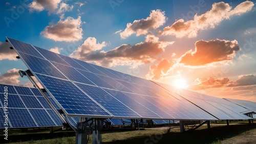 Blue Sky and Solar Panels: Innovative Clean Technology for Renewable Energy. A vibrant image showcasing solar panels set against a clear blue sky.