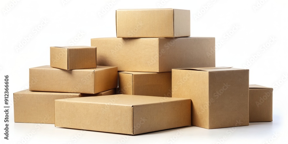 Sturdy brown cardboard boxes stacked on a clean white background, showcasing eco-friendly packaging for paper products with ample copy space for custom text or design. Sturdy brown cardboard boxes stacked on a clean white background, showcasing eco-friendly packaging for paper products with ample copy space for custom text or design.