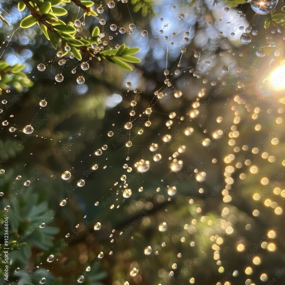 Morning light illuminates delicate droplets clinging to a spider web, surrounded by soft greenery and a warm, glowing background Morning light illuminates delicate droplets clinging to a spider web, surrounded by soft greenery and a warm, glowing background