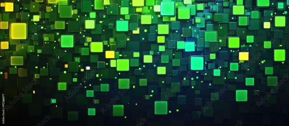 Abstract green mosaic background with multicolored LED squares Vibrant pixel grid design emphasizing technology 3D rendered illustration with digital square patterns Abstract green mosaic background with multicolored LED squares Vibrant pixel grid design emphasizing technology 3D rendered illustration with digital square patterns