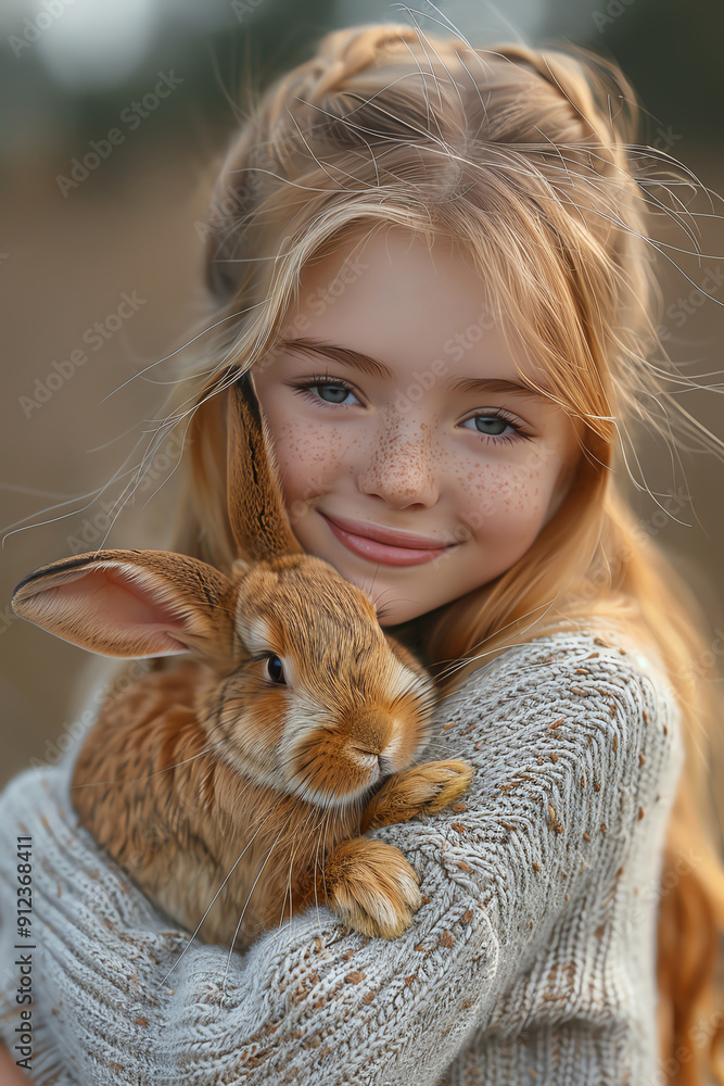 Girl hugging rabbit in field, golden hour lighting, soft background