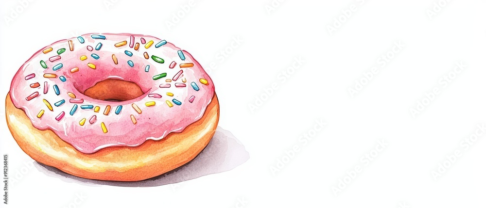 A hand drawn style watercolor of a lovable donut with colorful frosting and sprinkles with sunlight filtering through is isolate on white background with copy space A hand drawn style watercolor of a lovable donut with colorful frosting and sprinkles with sunlight filtering through is isolate on white background with copy space