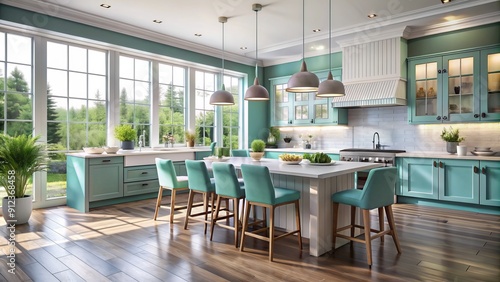 Bright and airy kitchen and dining space featuring aqua blue hardwood flooring, grey chairs, bar stools, kitchen island, stainless appliances, and large windows.