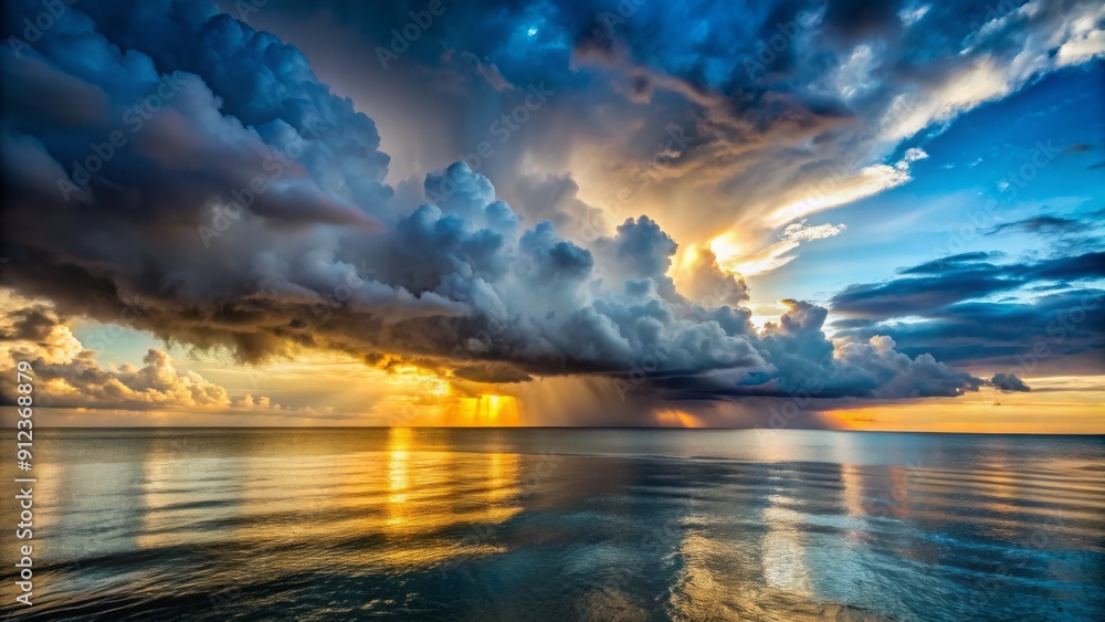 Seascape. Calm. The sky before a thunderstorm. Light on the horizon. Dramatic thunderclouds over the sea. Seascape. Calm. The sky before a thunderstorm. Light on the horizon. Dramatic thunderclouds over the sea.