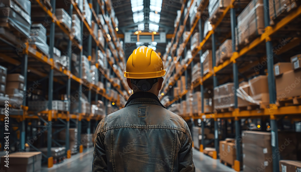 Worker in yellow helmet in warehouse, shelves filled with boxes, rear view Worker in yellow helmet in warehouse, shelves filled with boxes, rear view