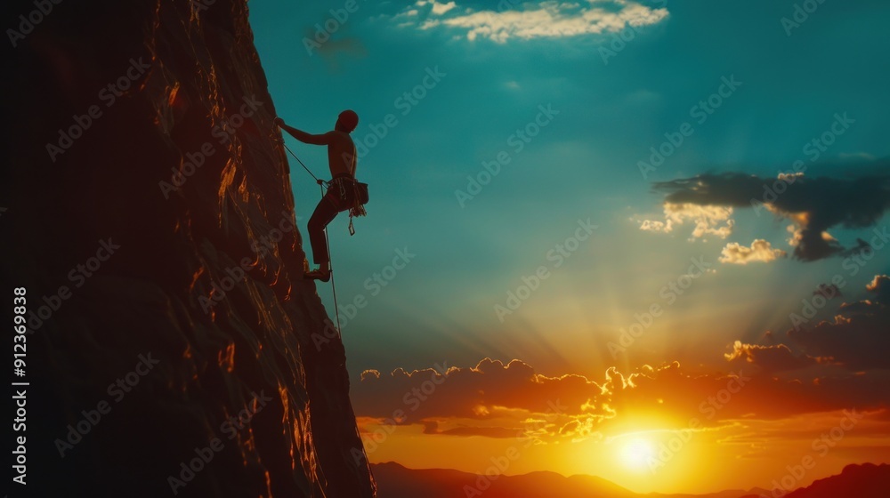 Climber Ascending a Cliff at Sunset Climber Ascending a Cliff at Sunset