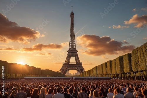 Eiffel Tower Sports Event with Supporters Crowd - Paris, Summer 2024 Olympics Illustration