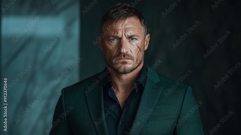 Serious man with facial scars wearing a green suit Serious man with facial scars wearing a green suit