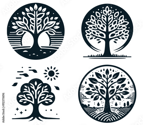 Simple black tree icon silhouette vector design set